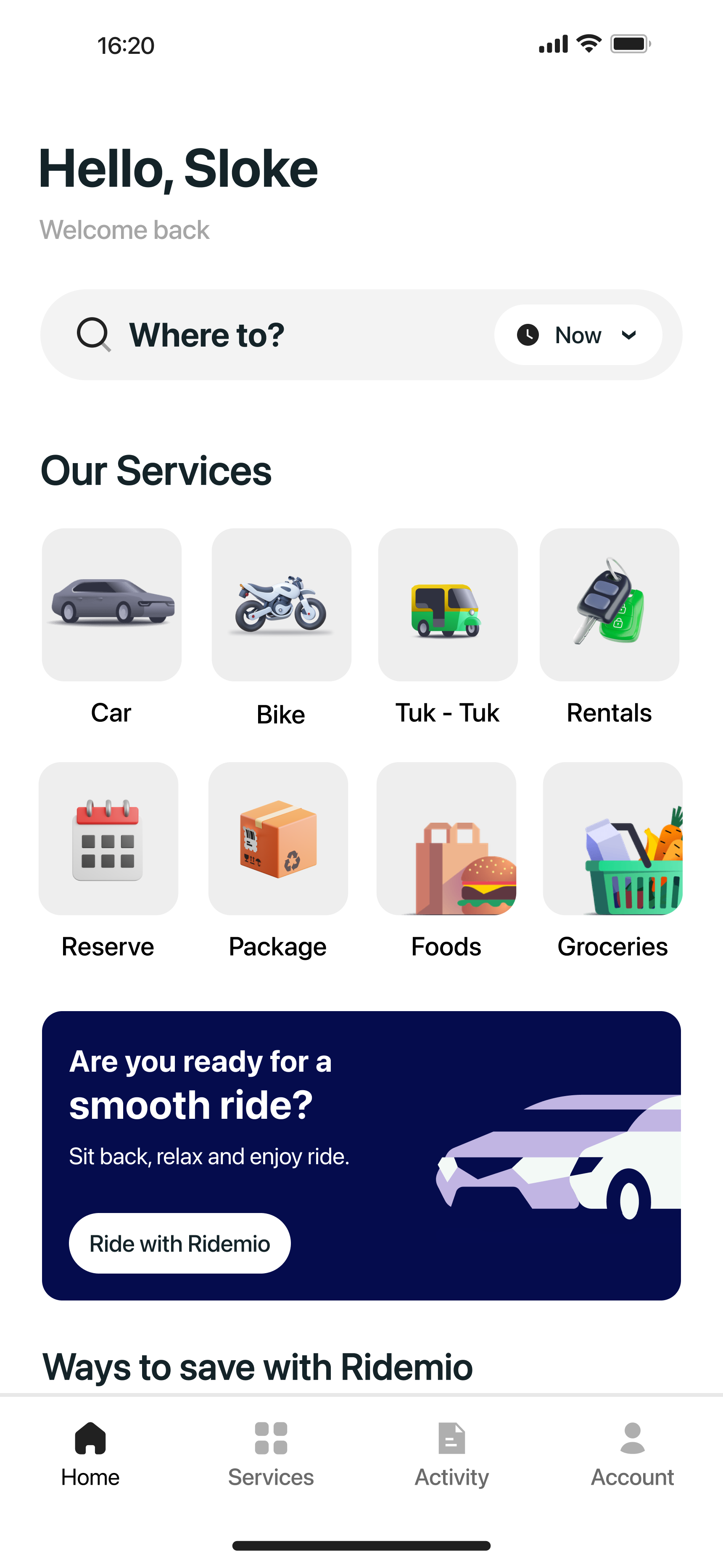 RideMio app home screen